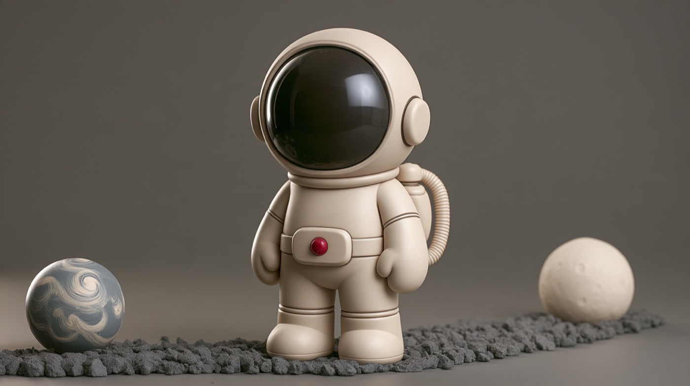 The astronaut standing on a basalt path between a painted Earth globe and a white moon sphere.