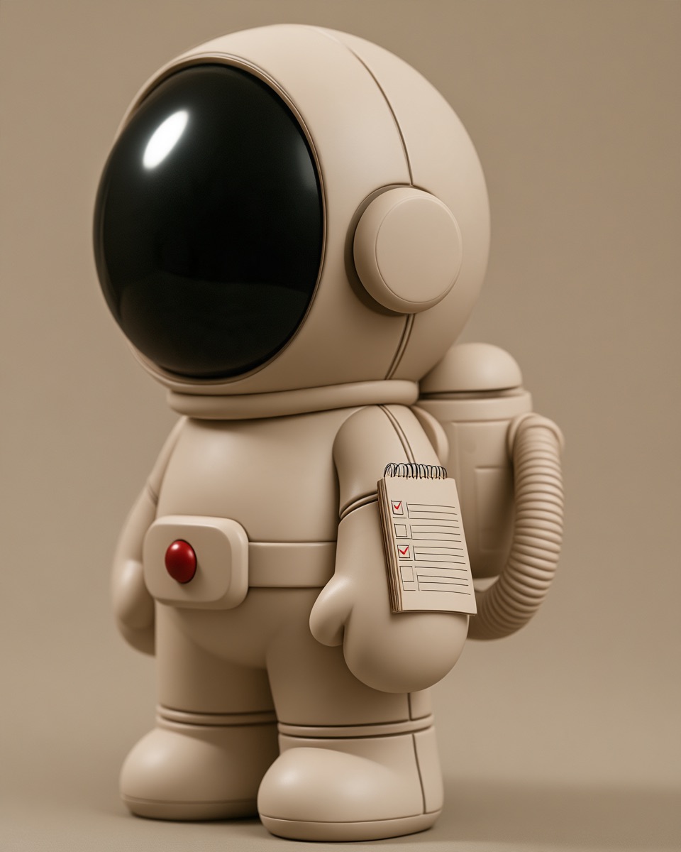Close-up of a small checklist strapped to the astronaut's wrist, two boxes ticked.