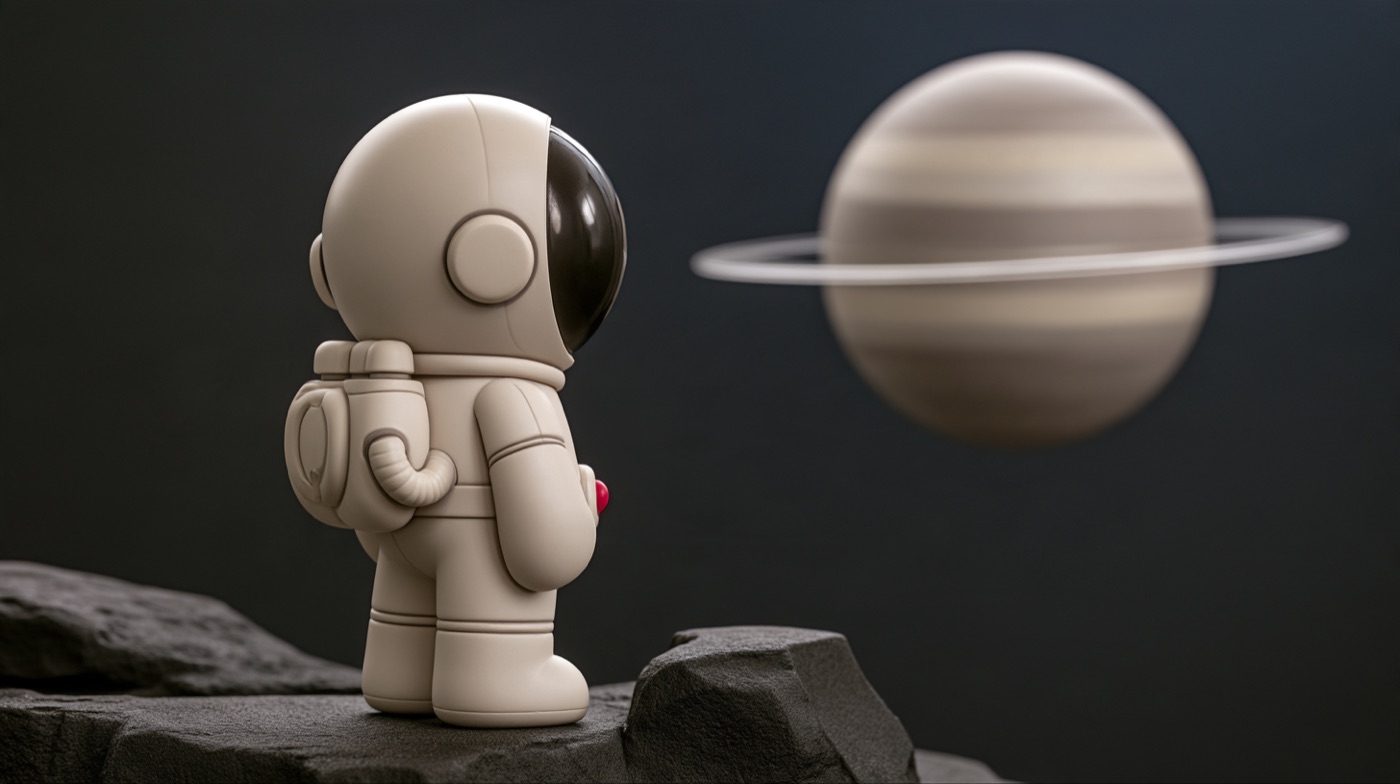 The astronaut seen from behind on a basalt ledge, facing a ringed planet model.
