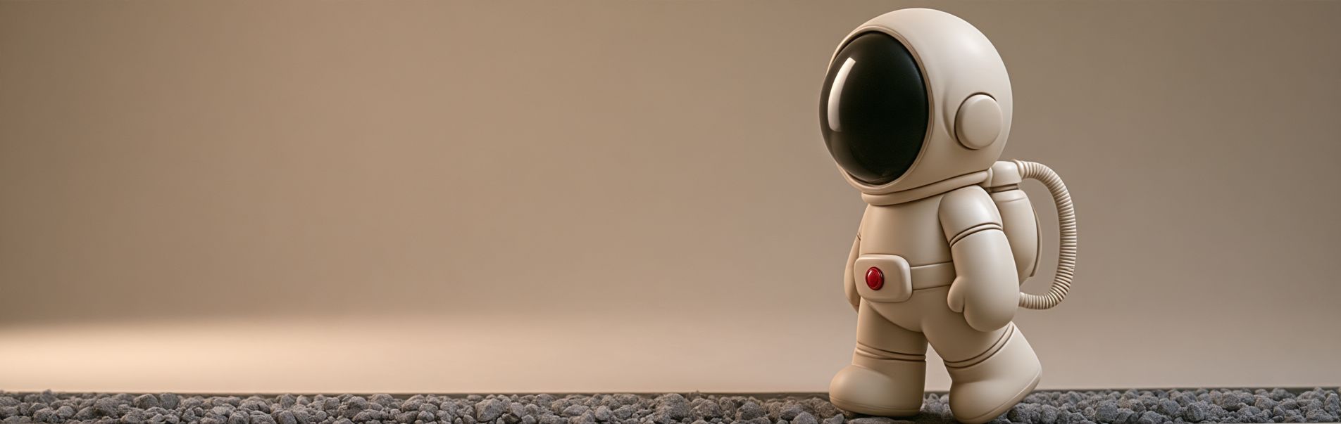The astronaut walking along a basalt path across a wide studio set.