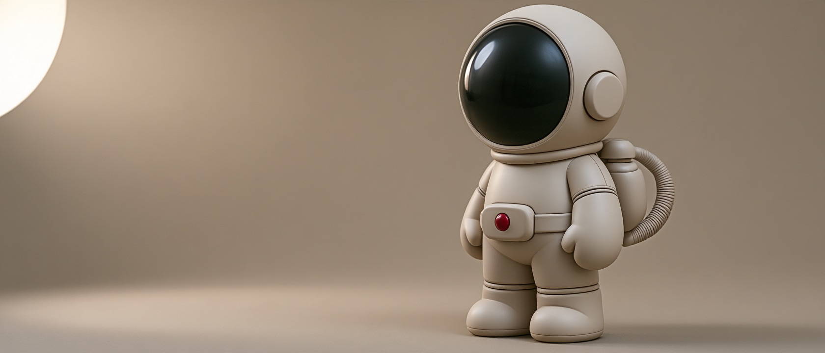 The Lunar Academy astronaut, a bone-white figure with a black visor, standing on a warm grey studio set.