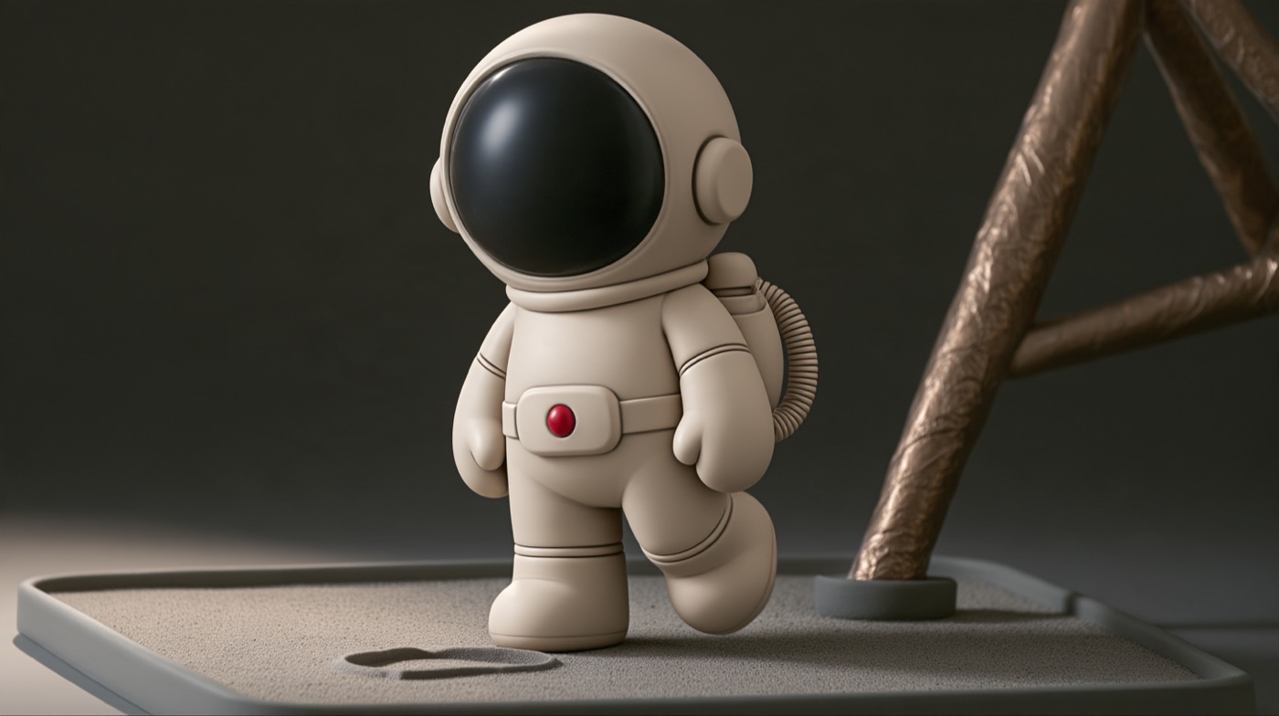 The astronaut stepping off a gold-foil lander leg onto a tray of grey regolith.