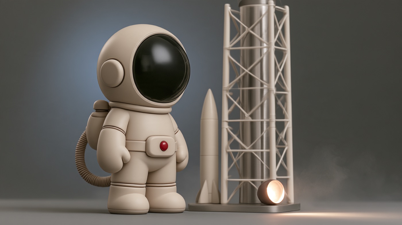 The astronaut at the base of a scale-model launch tower beside a white rocket.