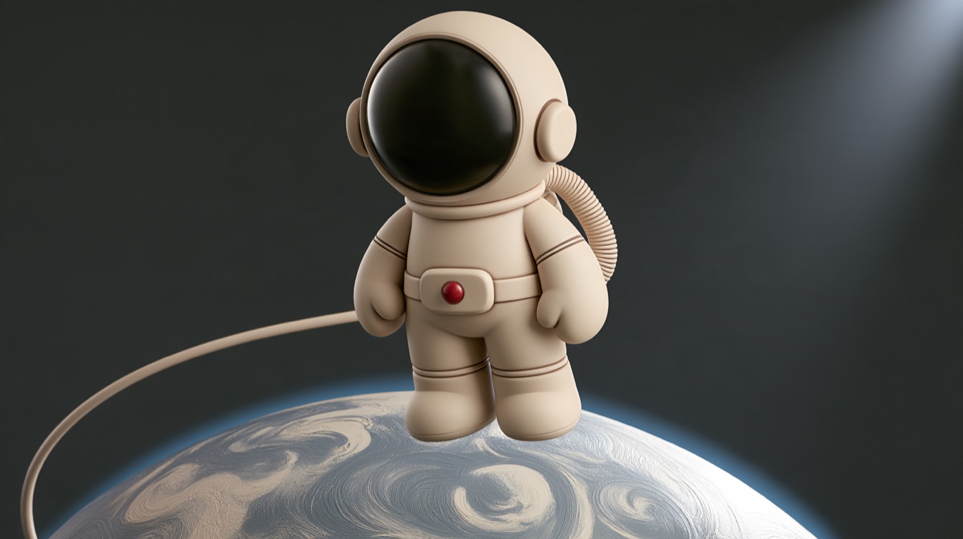 The astronaut floating above a painted Earth globe on a tether.