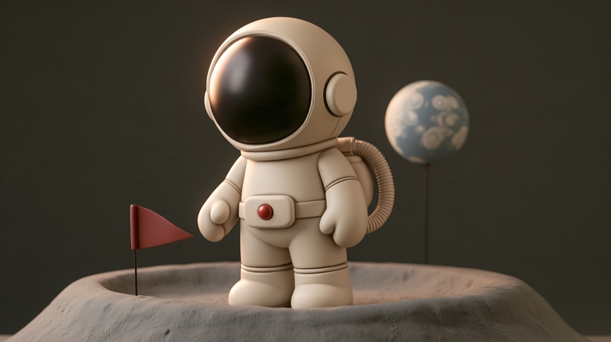 The astronaut on a crater rim beside a small red pennant, with Earth rising behind.