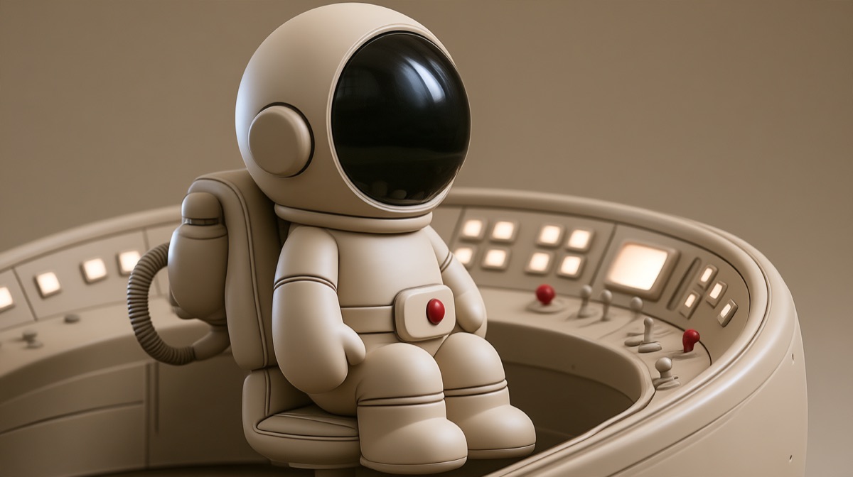 The astronaut seated at a curved scale-model console with backlit buttons.
