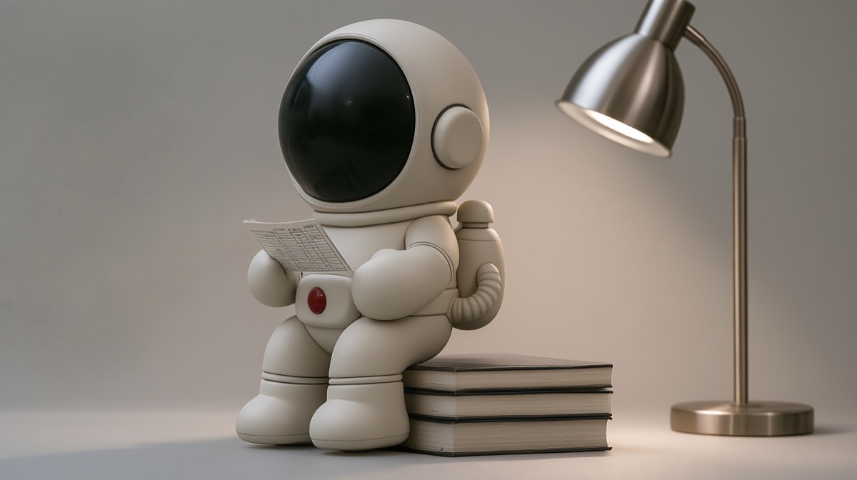 The astronaut sitting on a stack of manuals, reading a checklist under a desk lamp.