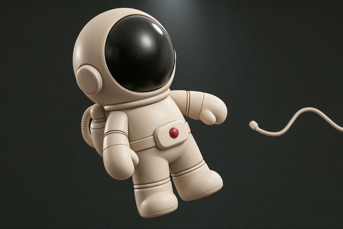 The astronaut floating free against a charcoal set, a loose tether curling away.