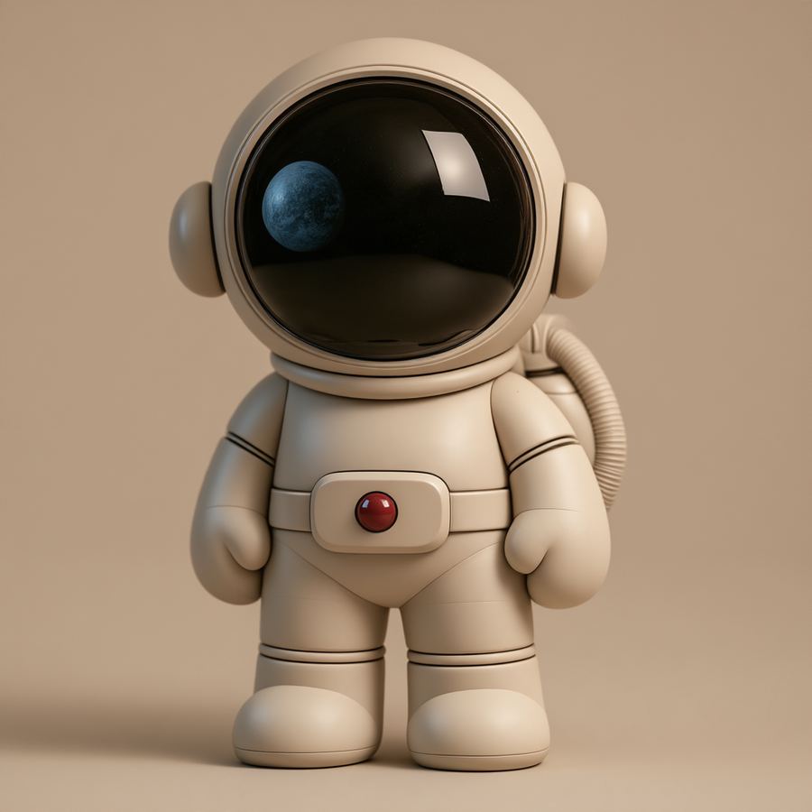 The Lunar Academy astronaut facing you, Earth reflected in the black visor.