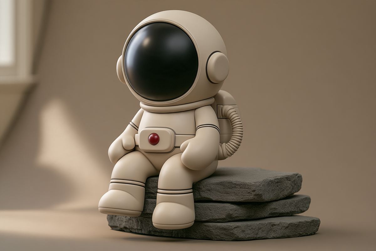 The astronaut sitting on a stack of rocks, thinking it over.